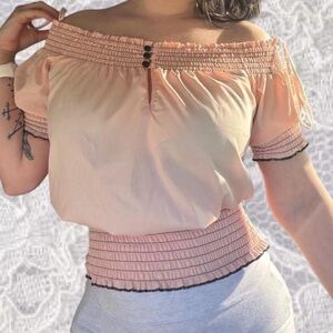 G by guess salmon/peach and black lined peasant / milkmaid top